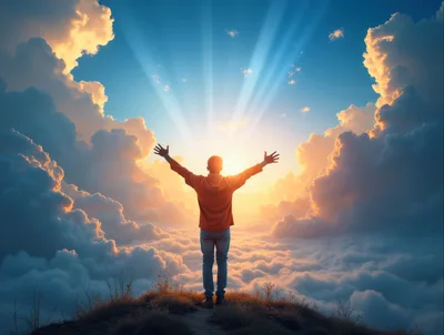Man Standing With Arms Raised Above Clouds At Sunrise