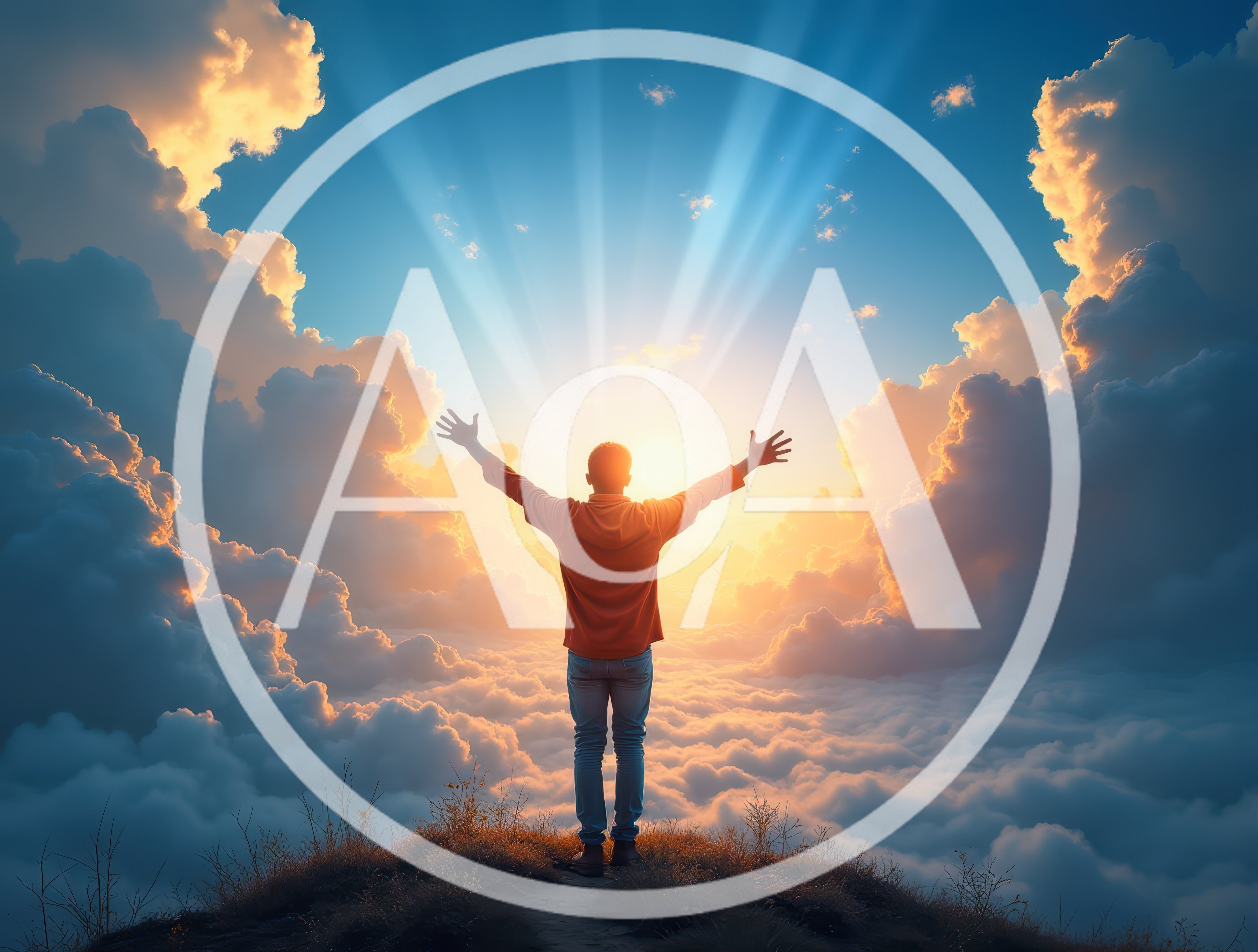 Man Standing With Arms Raised Above Clouds At Sunrise