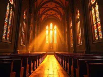 Sunlight Streaming Through Stained Glass Windows In Church