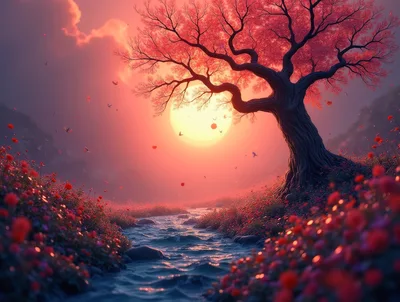 Enchanted Cherry Blossom Tree By A Flowing Stream