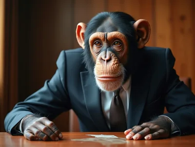 Chimpanzee Wearing A Business Suit At A Desk