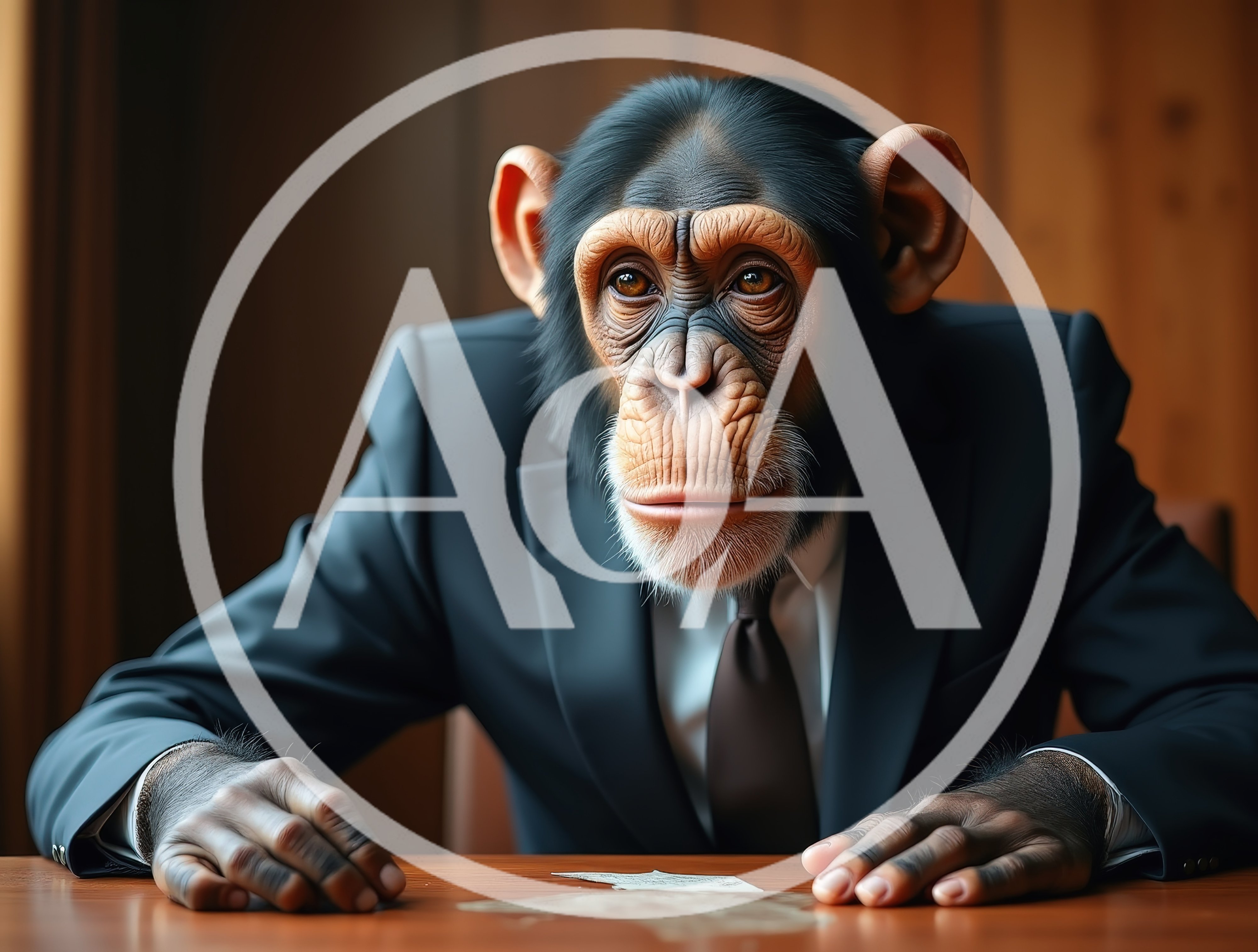 Chimpanzee Wearing A Business Suit At A Desk