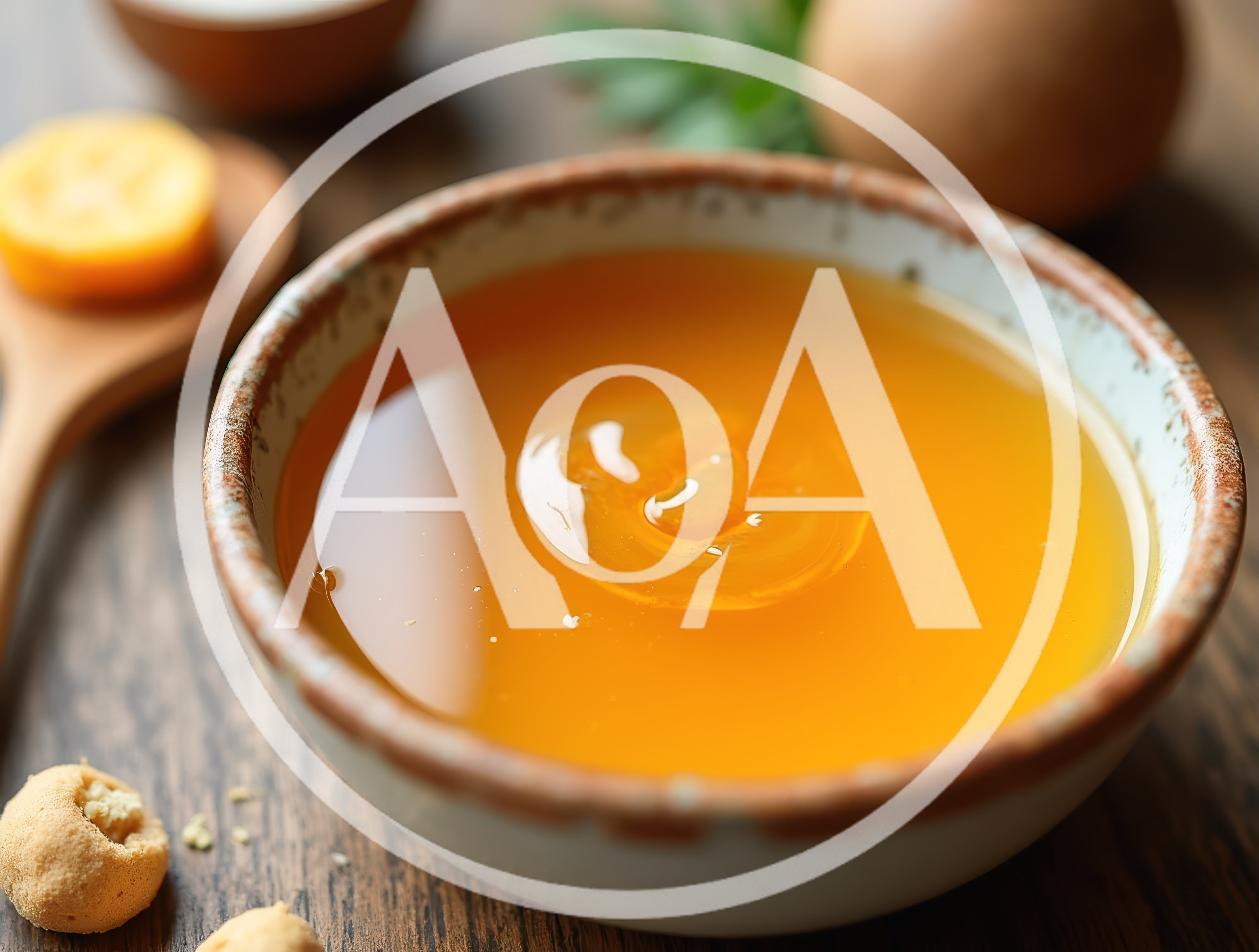 Bowl Of Golden Honey With Wooden Spoon And Ingredients