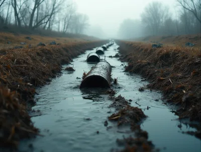 Series Of Rusty Pipes In A Foggy Drainage Ditch