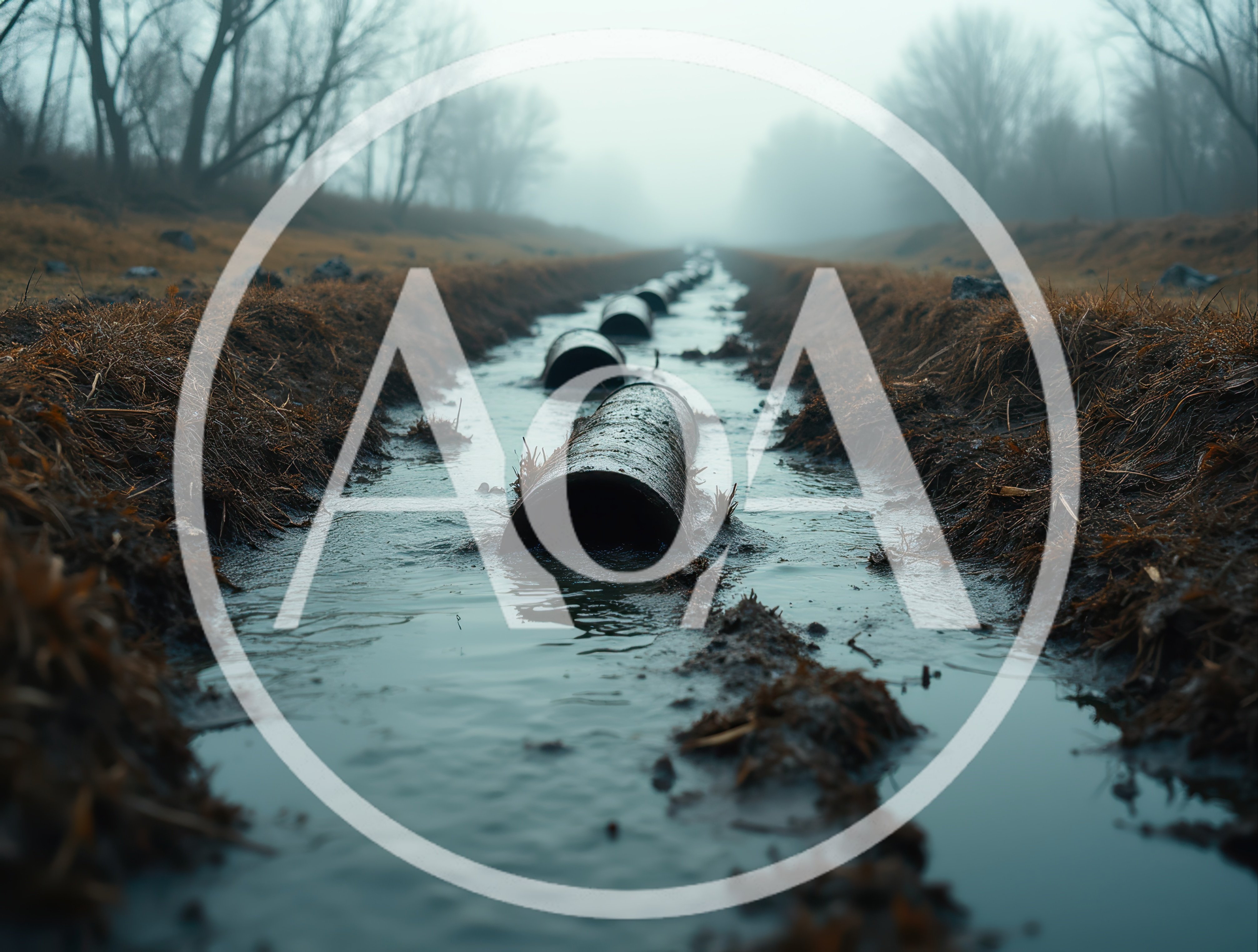 Series Of Rusty Pipes In A Foggy Drainage Ditch