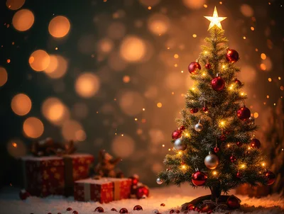 Decorated Christmas Tree With Gifts In Snowy Setting