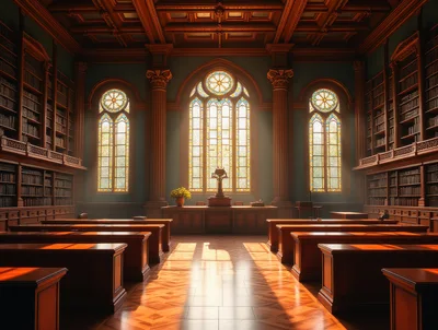 Grand Library Interior With Stained Glass Windows