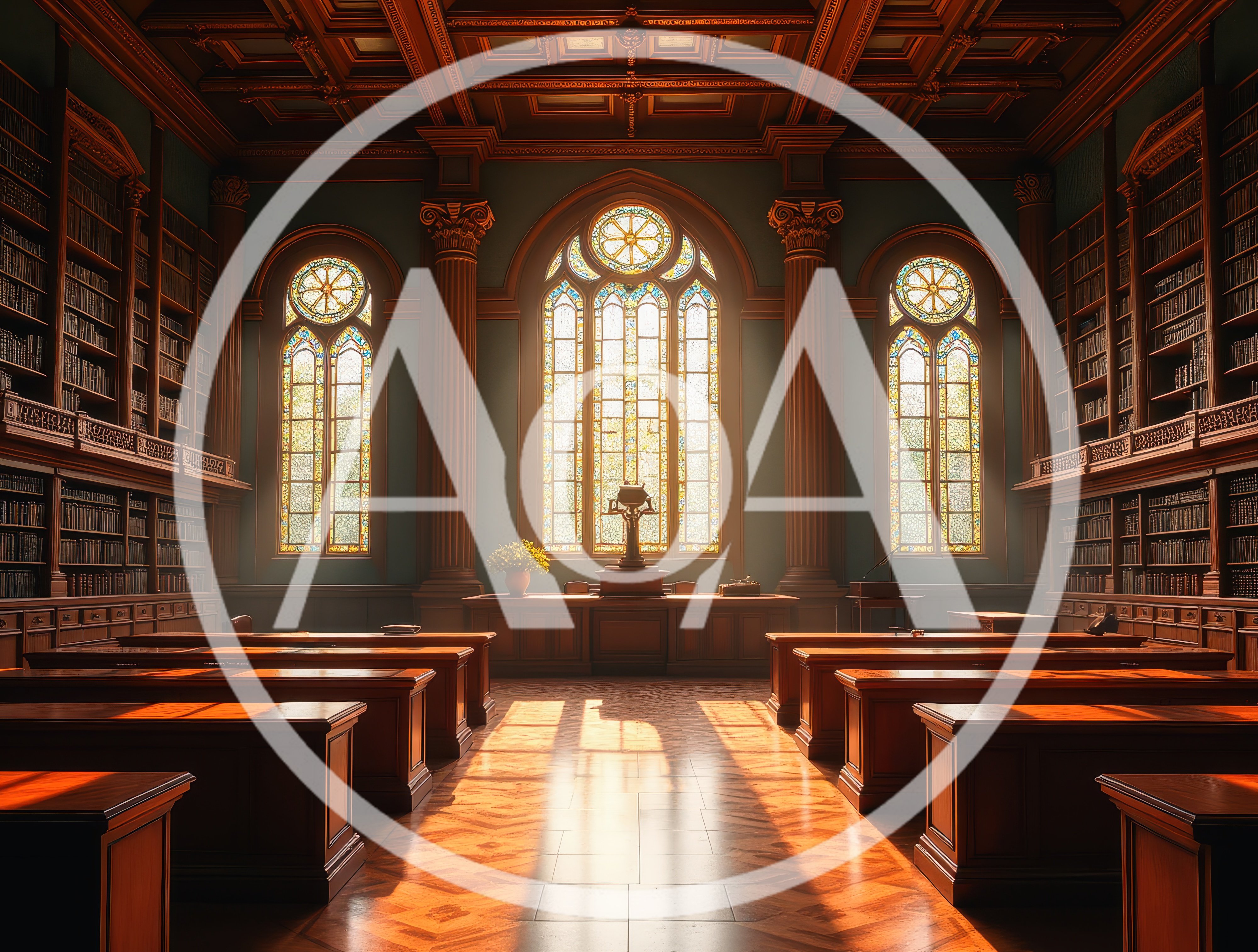 Grand Library Interior With Stained Glass Windows