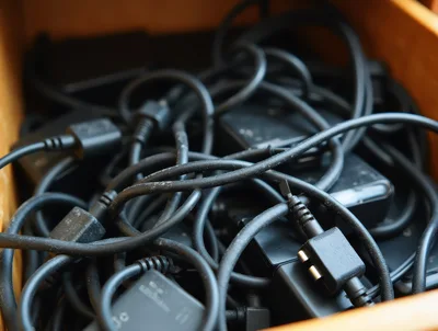 Messy Drawer Filled With Tangled Black Power Cables