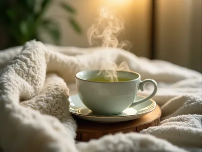 Steaming Cup Of Green Tea On A Cozy Blanket