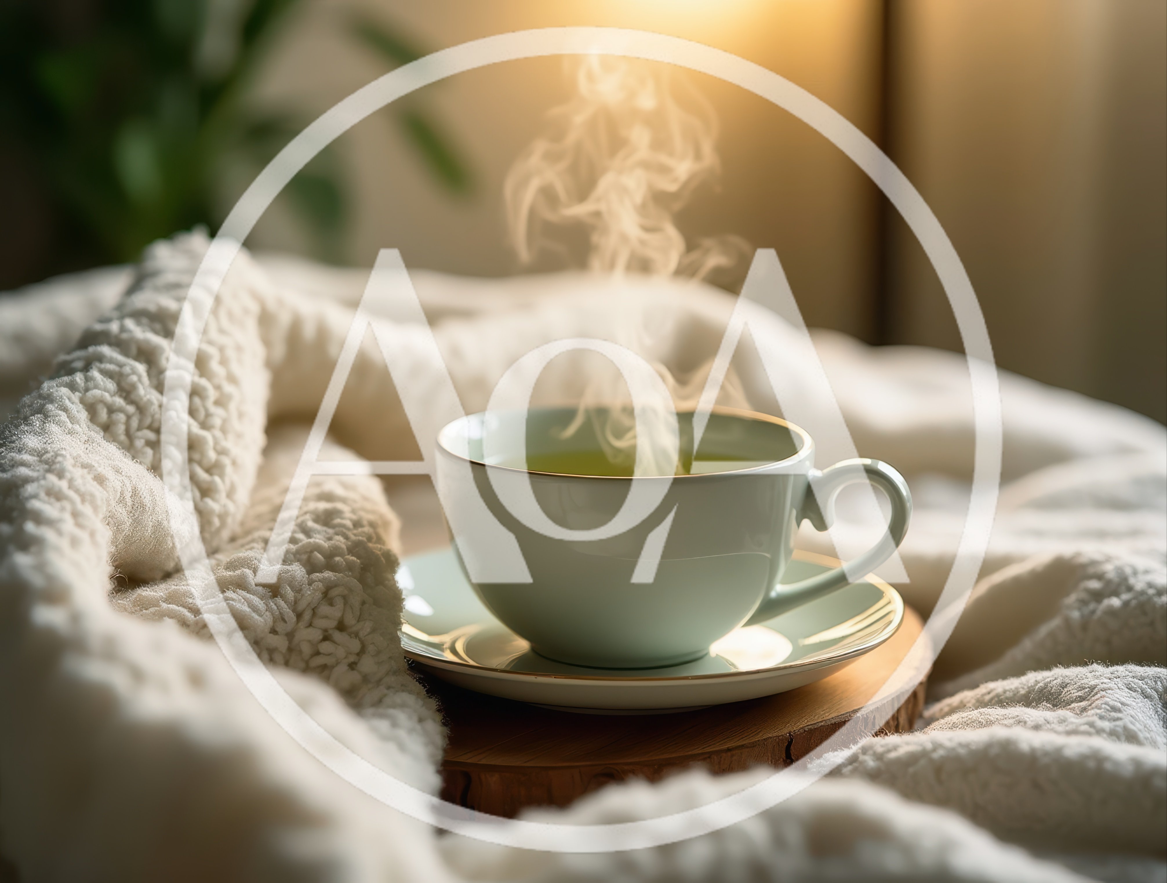 Steaming Cup Of Green Tea On A Cozy Blanket