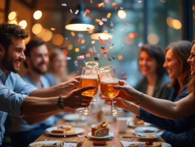 Friends Celebrating With Beer Toasts At A Festive Dinner
