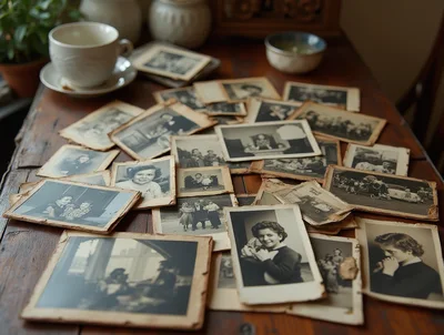 Vintage Black And White Photographs Scattered On Wooden Table
