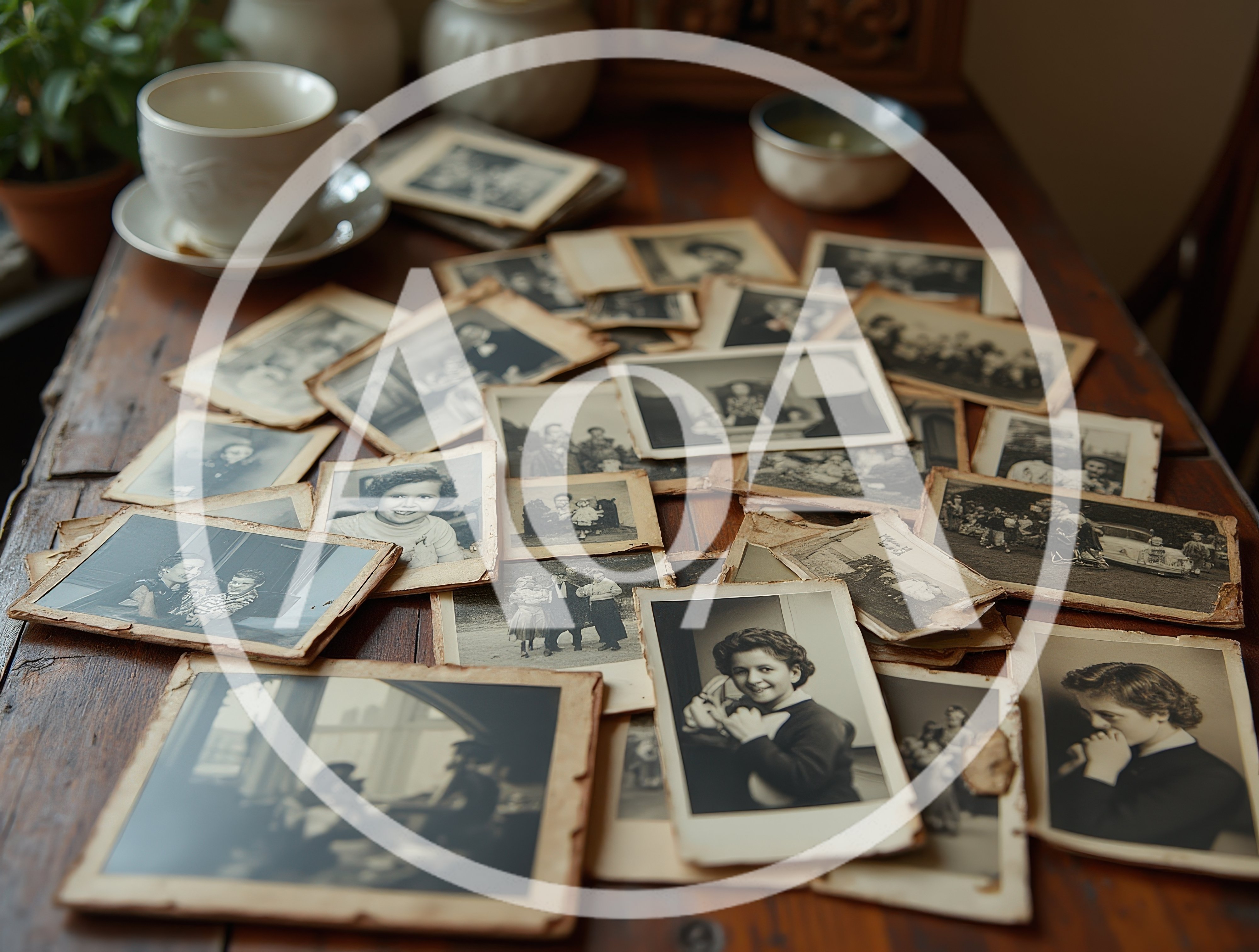 Vintage Black And White Photographs Scattered On Wooden Table