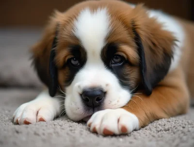 Adorable Saint Bernard Puppy Resting On Carpet