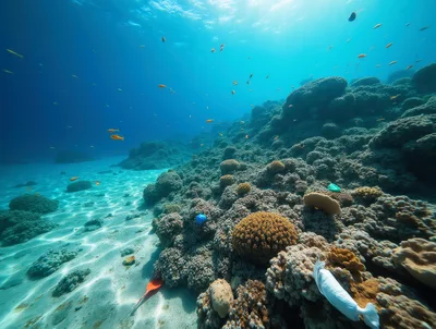 Underwater View Of Coral Reef With Plastic Pollution