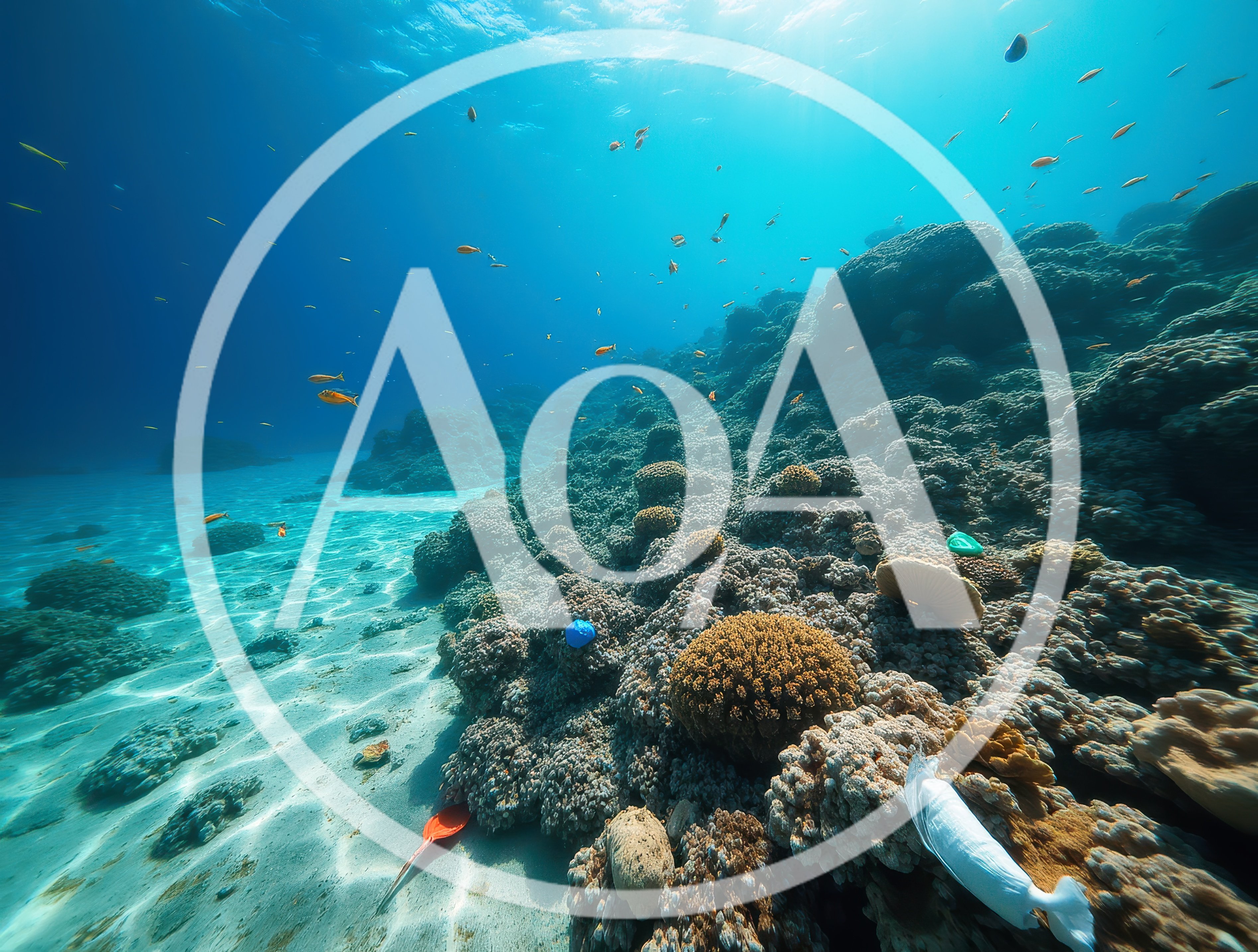 Underwater View Of Coral Reef With Plastic Pollution