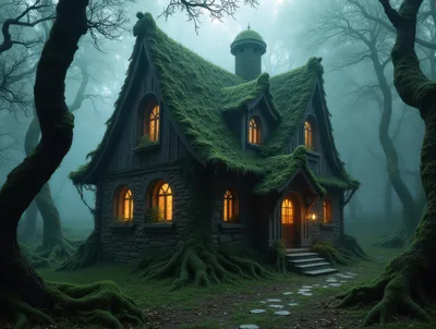 Enchanted Stone Cottage In A Misty Forest