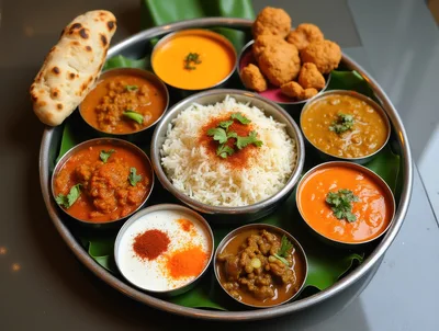 Traditional Indian Thali Platter With Rice And Curries