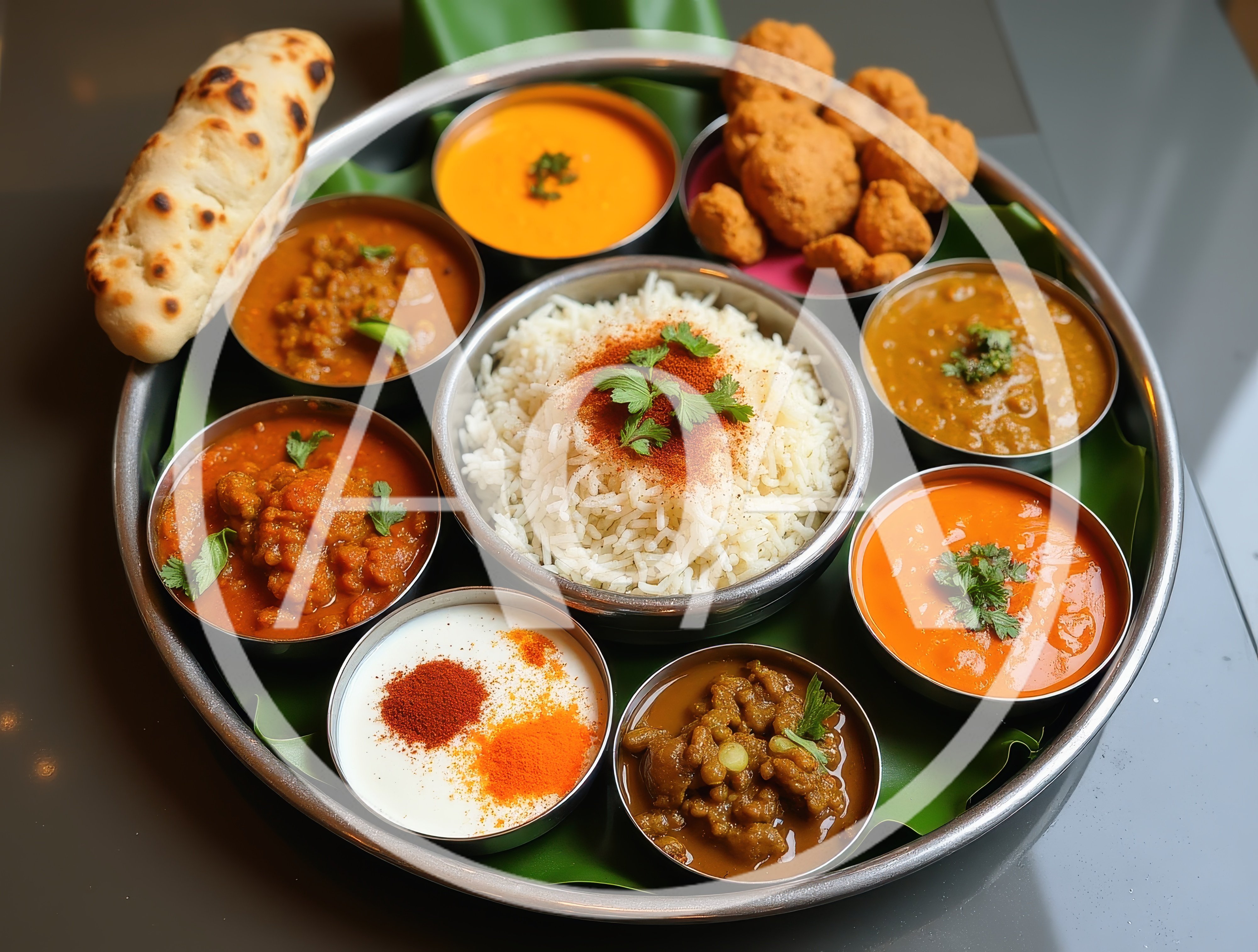 Traditional Indian Thali Platter With Rice And Curries
