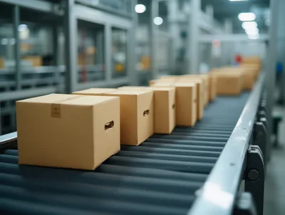Cardboard Boxes Moving Along An Automated Warehouse Conveyor Belt