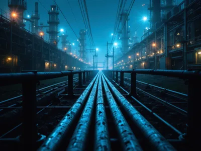Industrial Oil Refinery Pipelines At Night