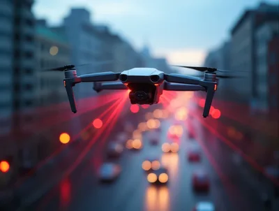 Drone Flying Over Busy City Traffic At Night