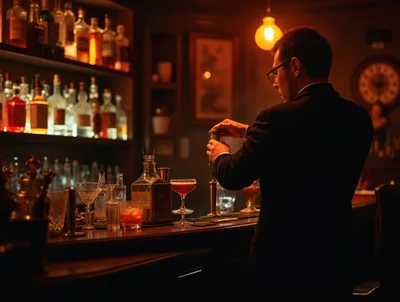 Professional Bartender Preparing A Cocktail In A Dimly Lit Bar