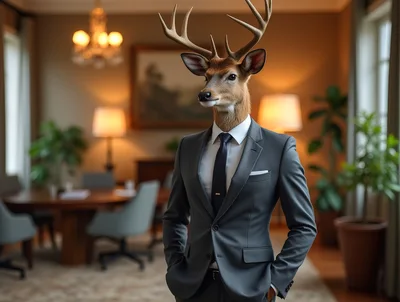 Anthropomorphic Deer Businessman Standing In A Professional Office