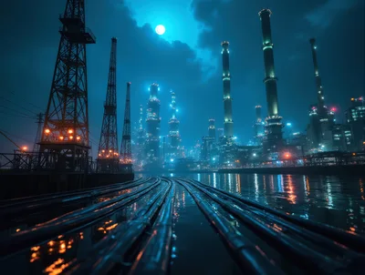 Industrial Oil Refinery Complex At Night Under Full Moon