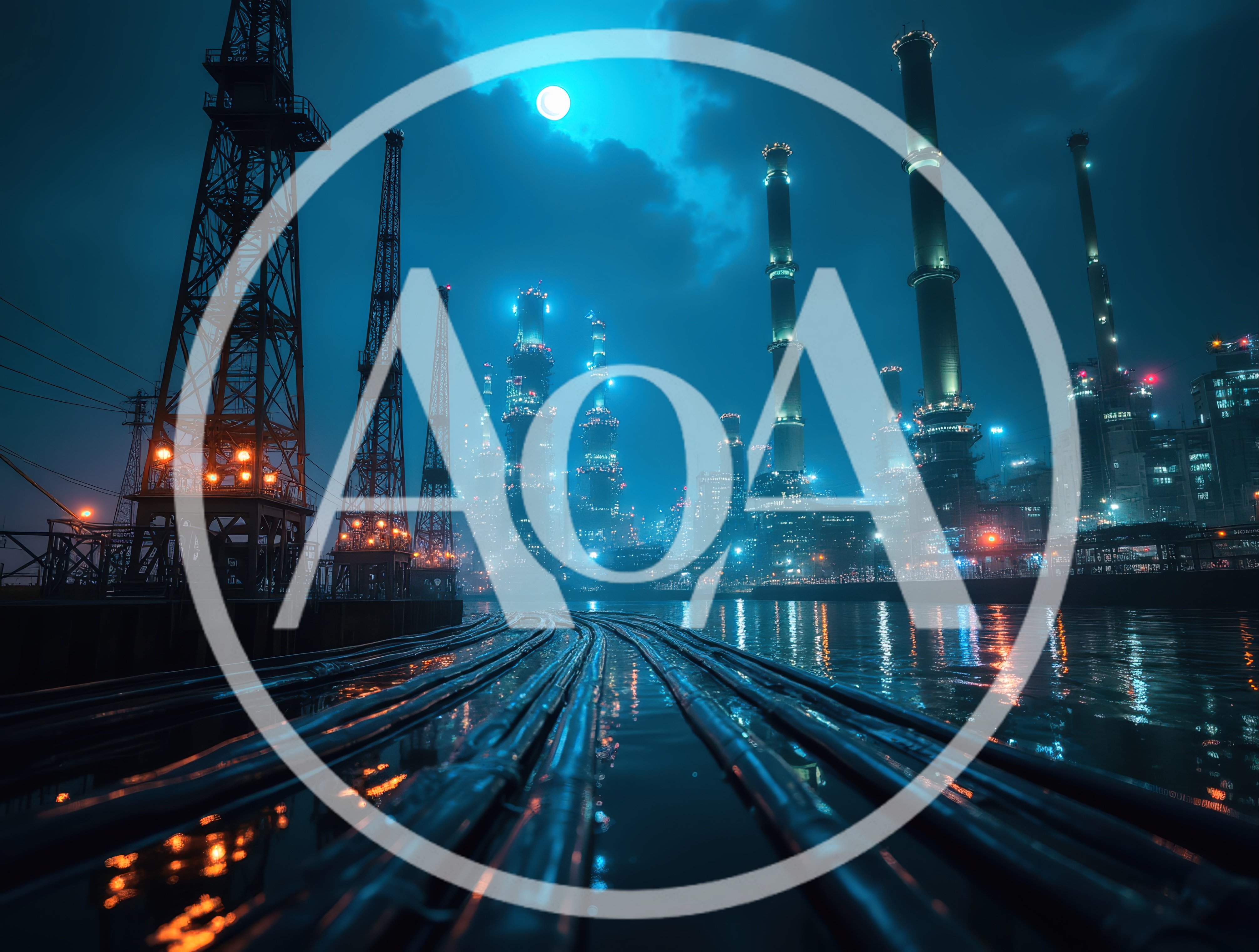 Industrial Oil Refinery Complex At Night Under Full Moon