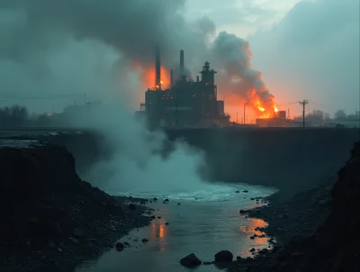 Industrial Factory Complex Emitting Smoke At Sunset