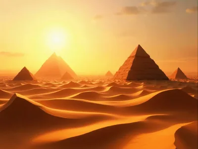Ancient Egyptian Pyramids In The Desert At Sunset