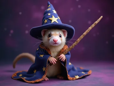 Cute Ferret Dressed As A Wizard With Magic Wand