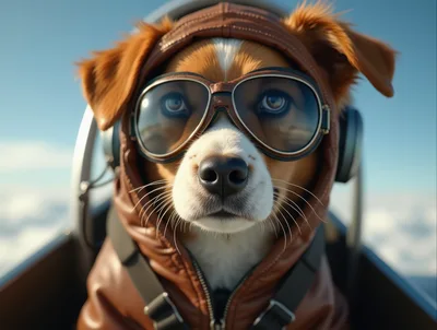Dog Pilot Wearing Aviator Goggles And Leather Helmet