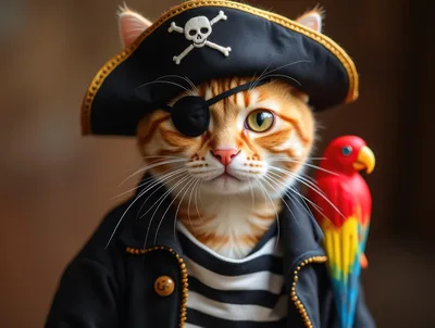 Ginger Cat Dressed As A Pirate With A Parrot