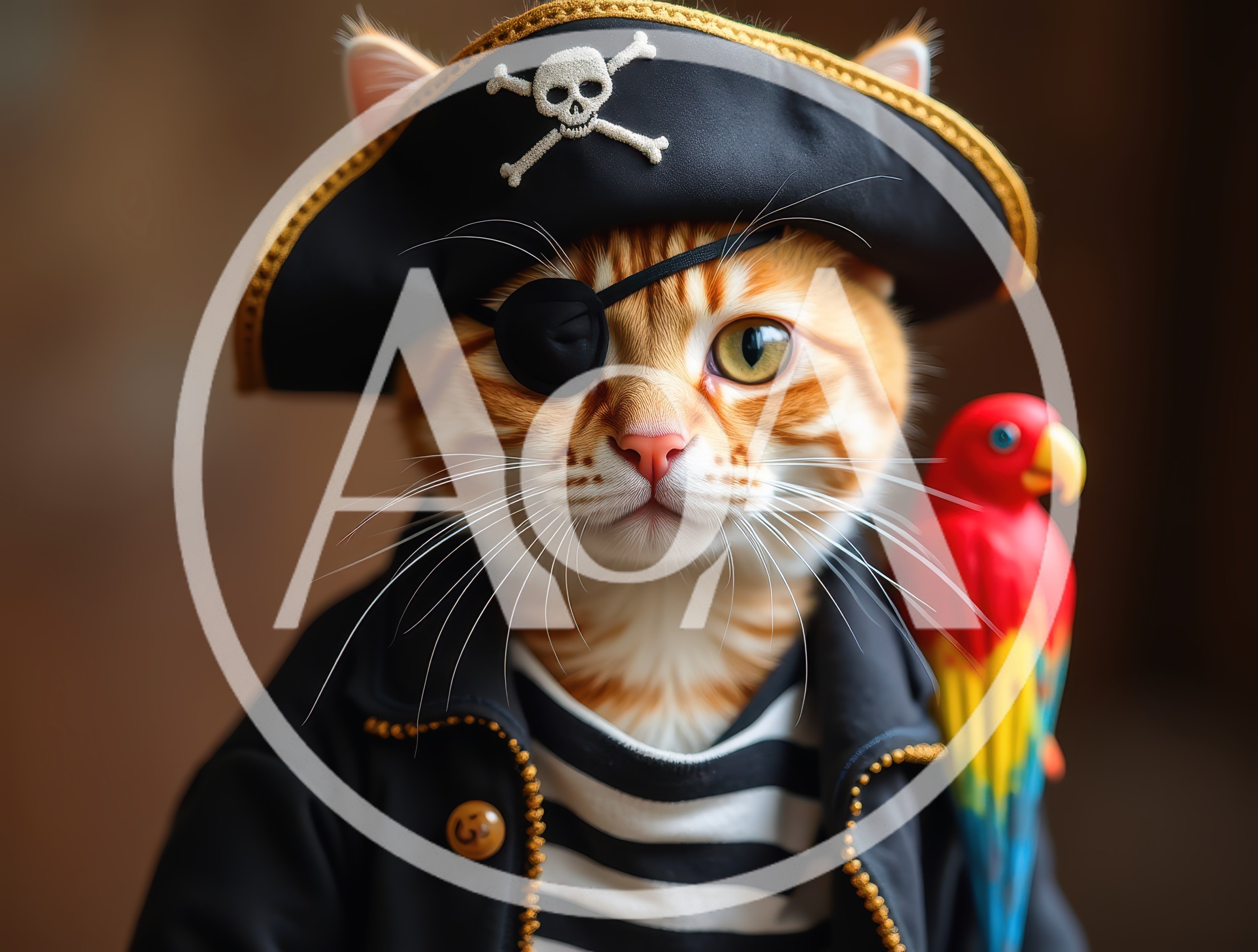 Ginger Cat Dressed As A Pirate With A Parrot