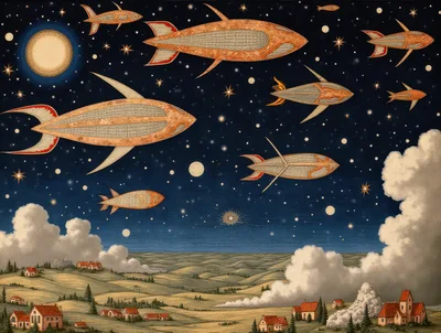 Surreal Illustration Of Fish Shaped Airships Over Rural Landscape