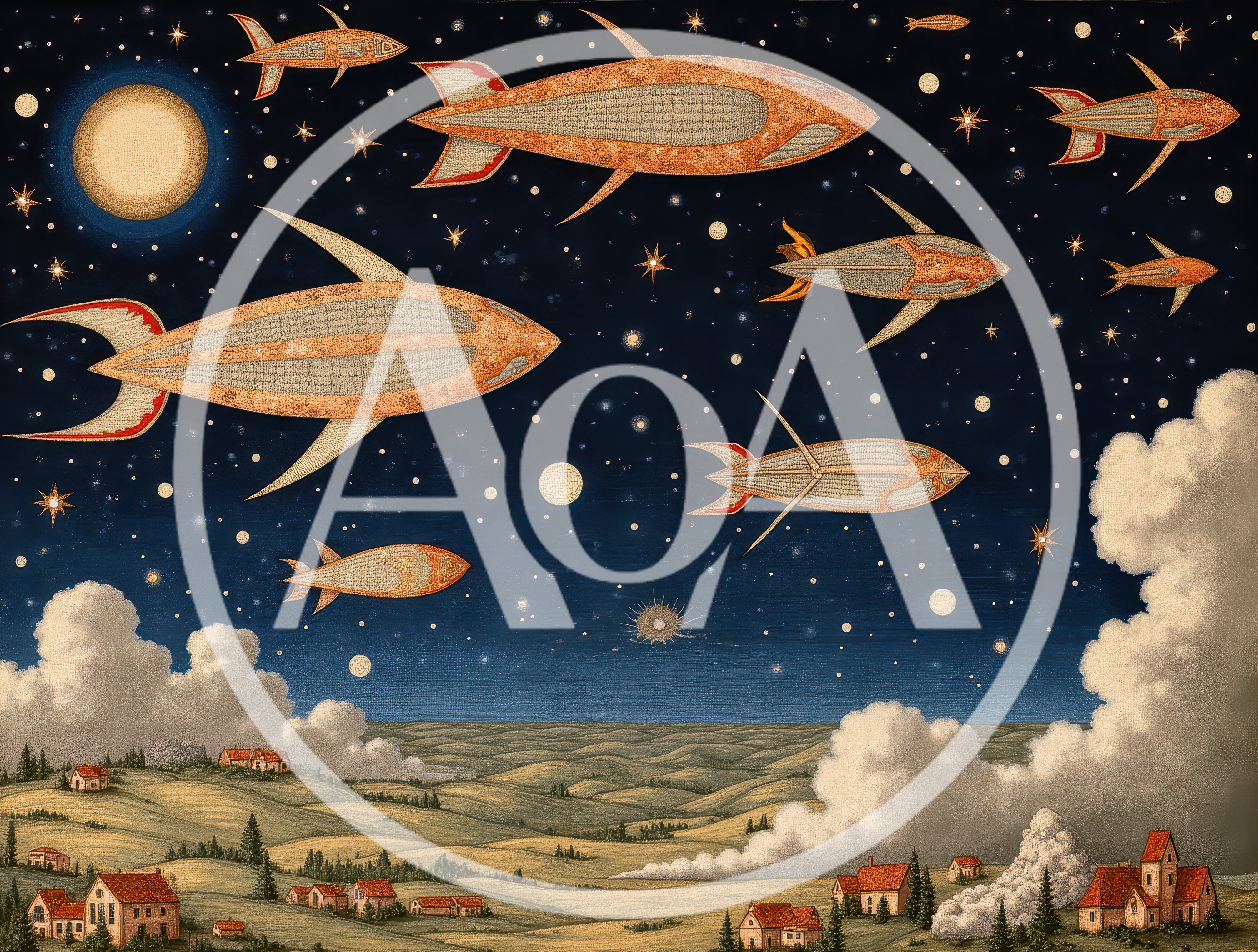 Surreal Illustration Of Fish Shaped Airships Over Rural Landscape