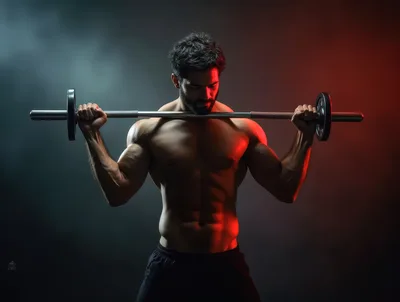 Muscular Man Performing Barbell Bicep Curls