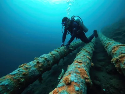 Scuba Diver Inspecting Subsea Pipelines Underwater
