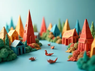 Miniature Paper Craft Village With Origami Boats
