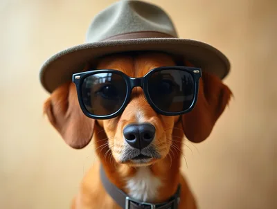 Portrait Of A Stylish Dog Wearing A Fedora And Sunglasses