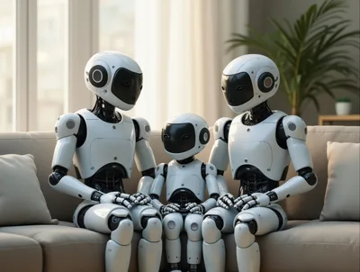 Family Of Three White Humanoid Robots Sitting On Sofa