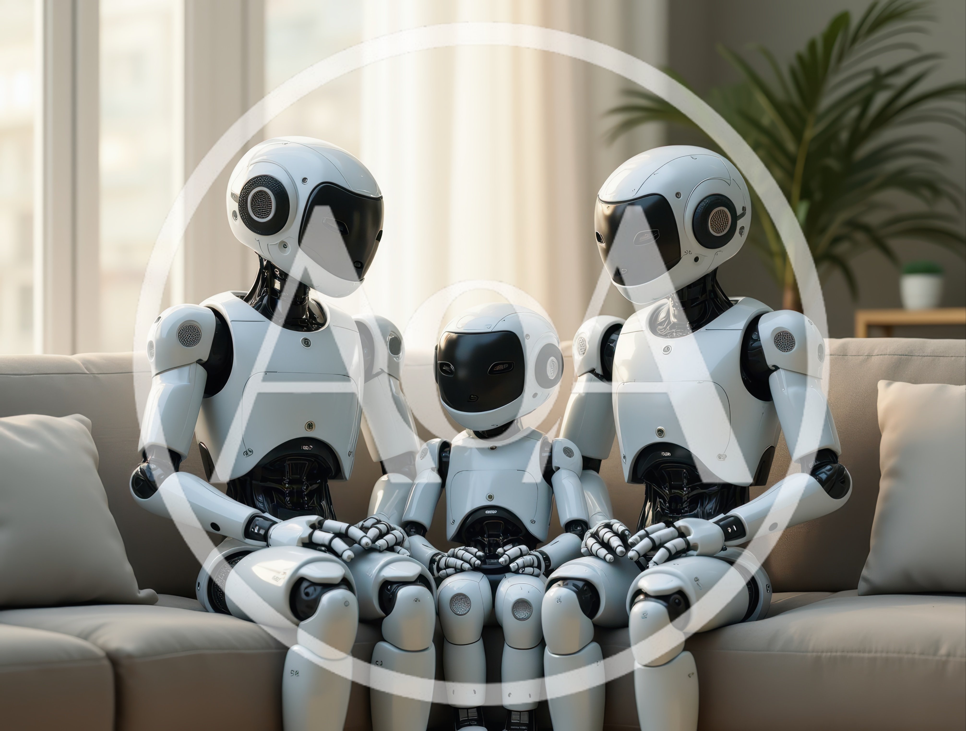 Family Of Three White Humanoid Robots Sitting On Sofa