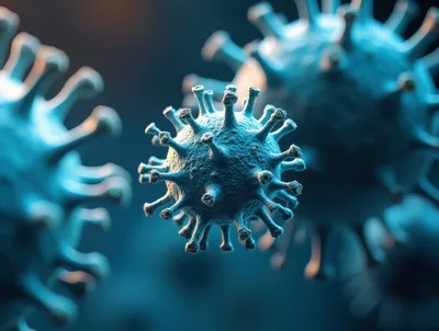 Microscopic View Of Coronavirus Particles Floating In Space