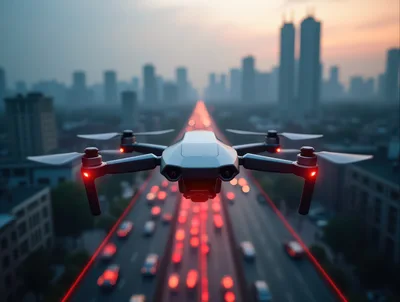 Drone Flying Over Busy City Highway at Sunset