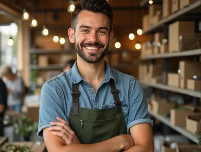 Smiling Male Shopkeeper Standing In A Warehouse