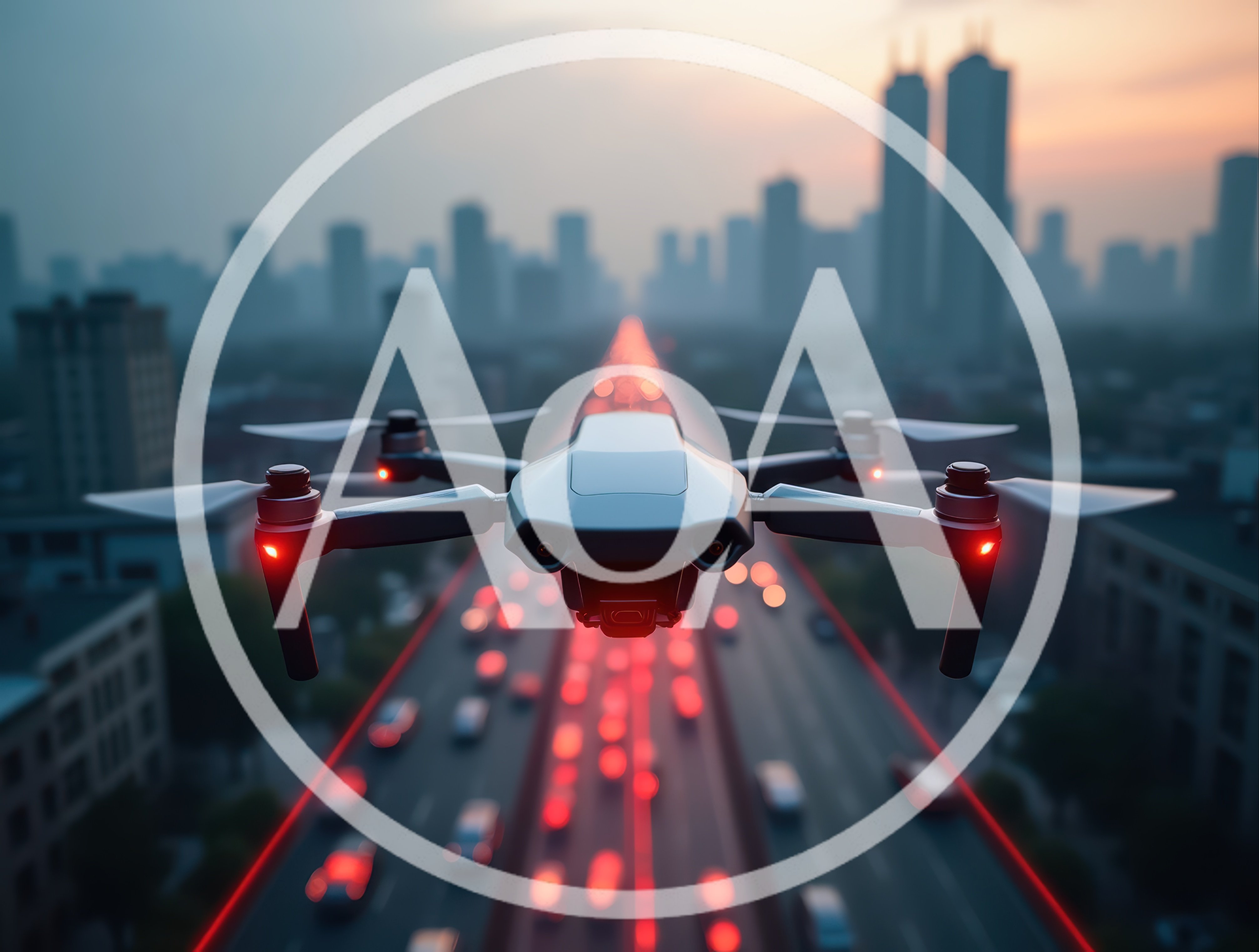 Drone Flying Over Busy City Highway at Sunset
