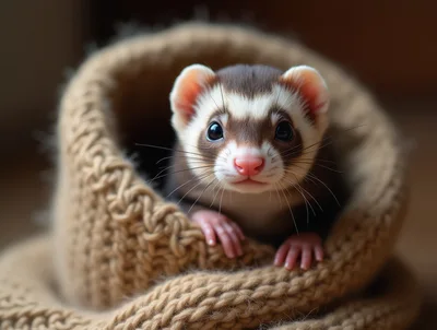 Cute Ferret Peeking Out From A Knitted Blanket